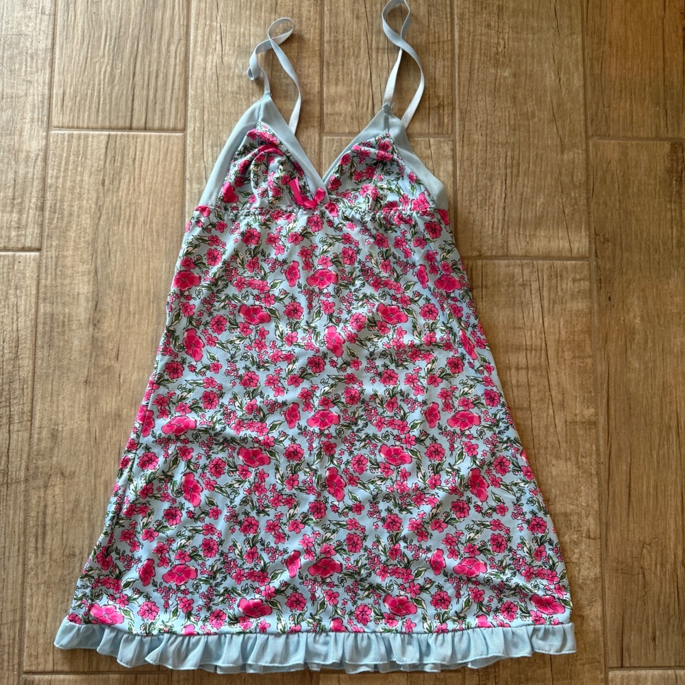Jessica Simpson Women Floral Chemise Slip Dress Blue Pink Mesh Ruffle Trim S